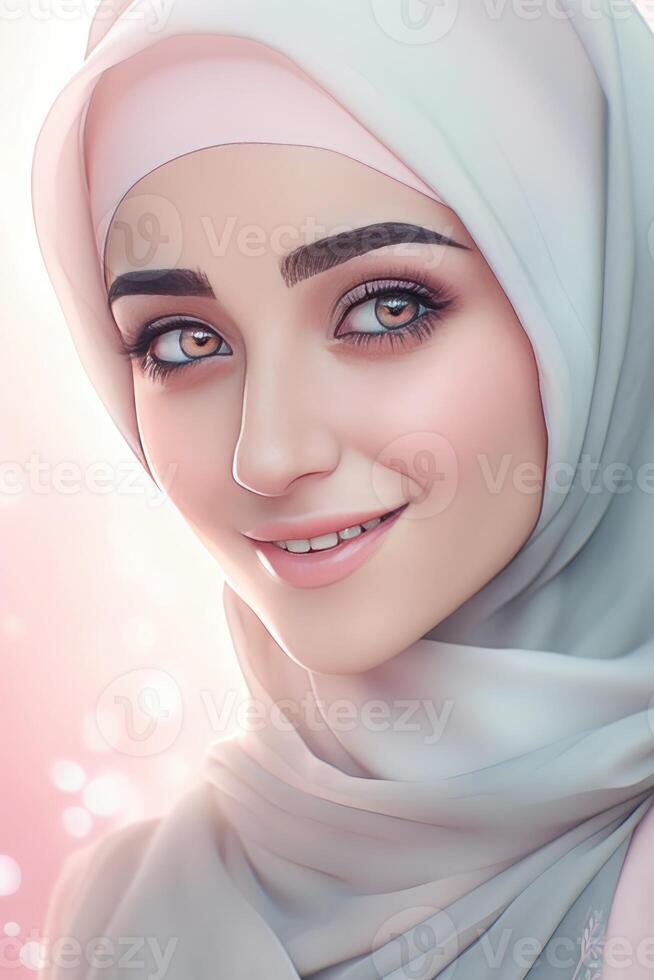 Attractive Beautiful Muslim Young Girl Character Wearing Hijab Headscarves, . photo