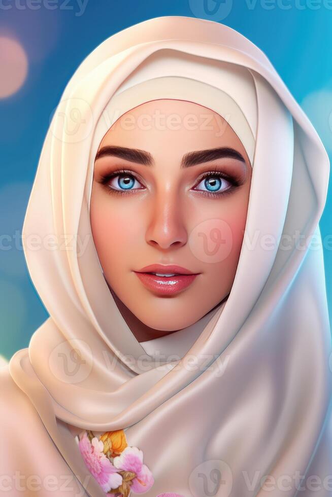 atractivo hermosa musulmán joven niña personaje vistiendo hijab pañuelos en la cabeza, generativo ai. foto