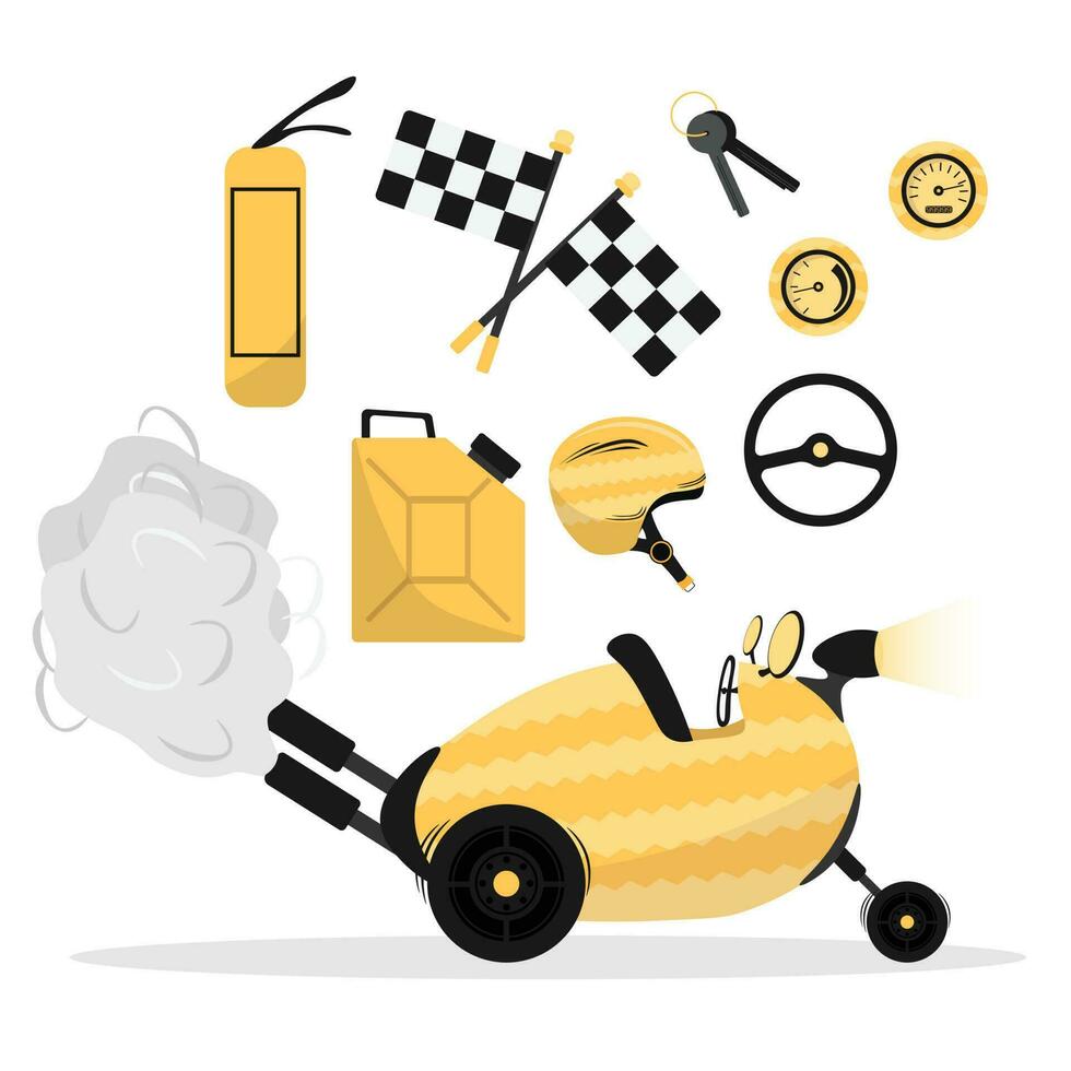 Cartoon melon car on wheels. Melon truck with racing car accessories. Vector flat illustration
