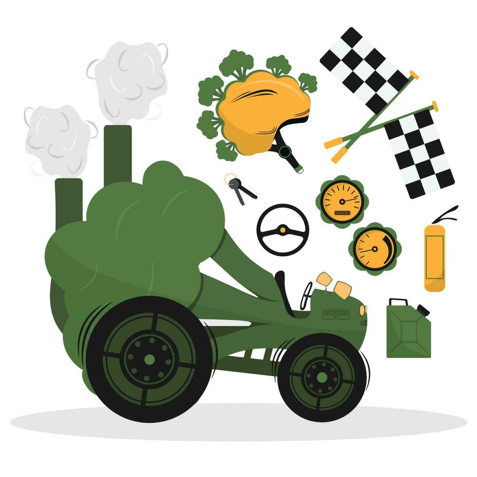 Cartoon broccoli car on wheels. Cabbage truck or broccoli tractor with racing car accessories. Vector flat illustration