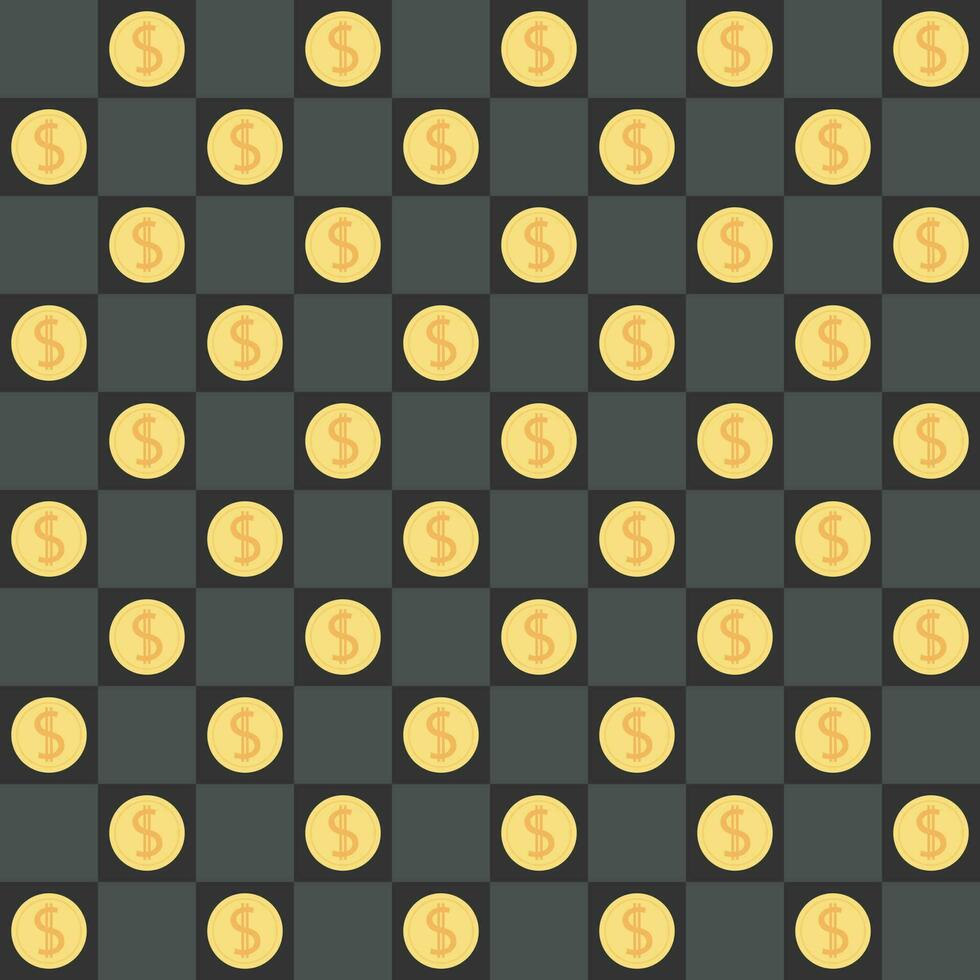 Seamless pattern of gold coins on dark chessboard vector