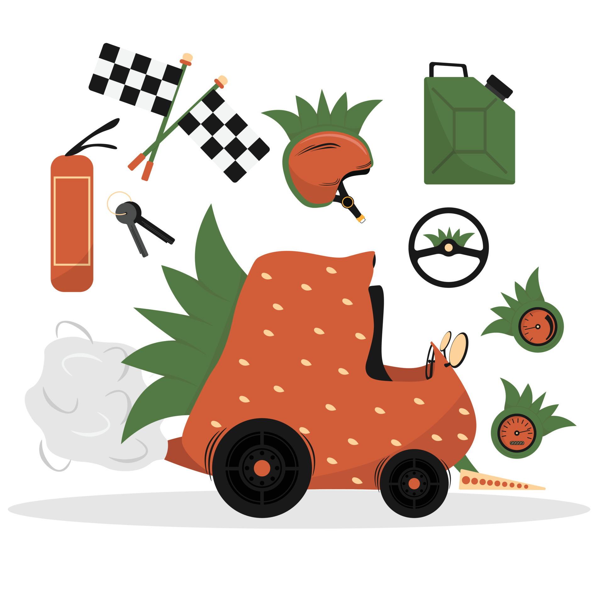 Cartoon pea car. Pea truck with racing car accessories