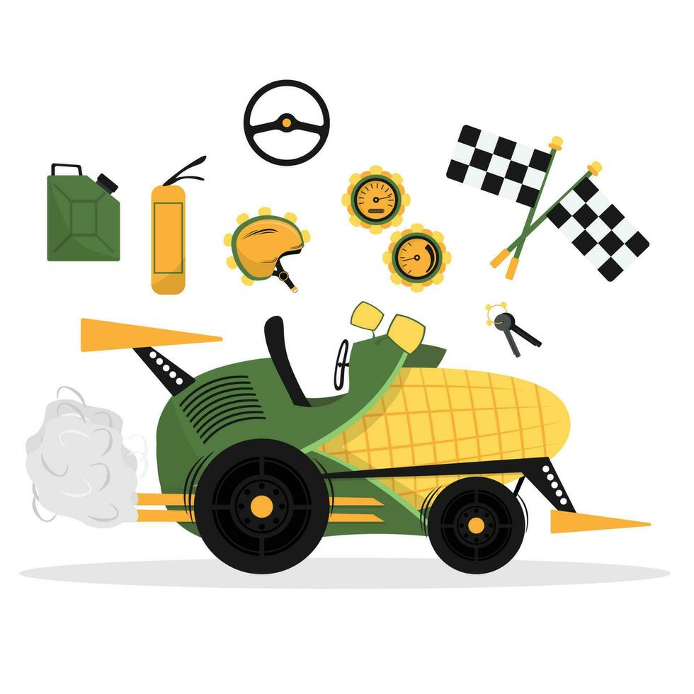 Cartoon corn car on wheels. Popcorn truck or corn racing car with accessories. Vector flat illustration