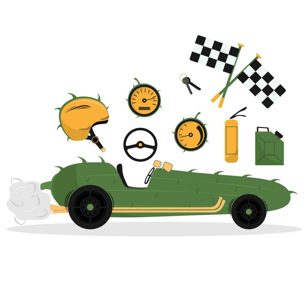 dibujos animados Pepino coche en ruedas con carreras coche accesorios. vector plano ilustración