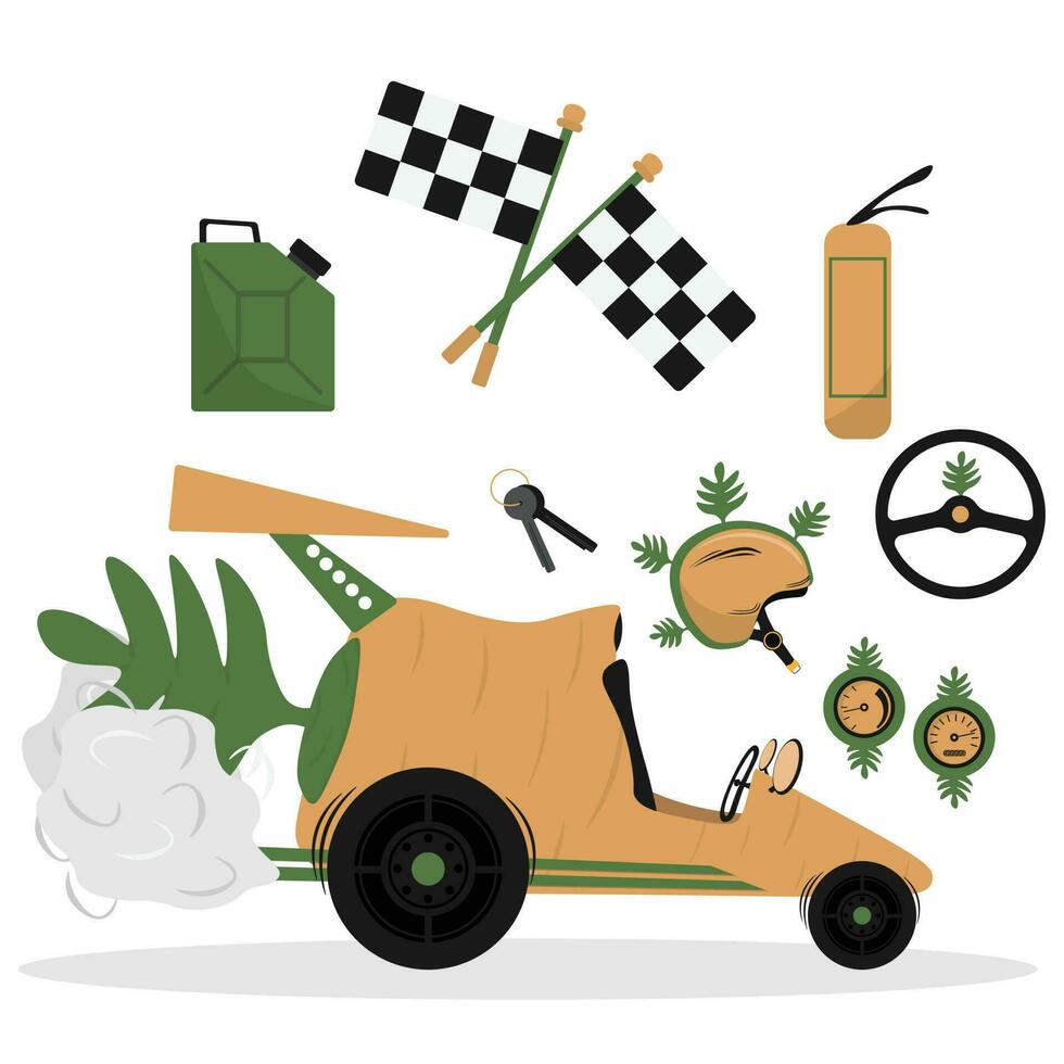 Cartoon carrot car on wheels. Vegetable truck with racing car accessories. Vector flat illustration