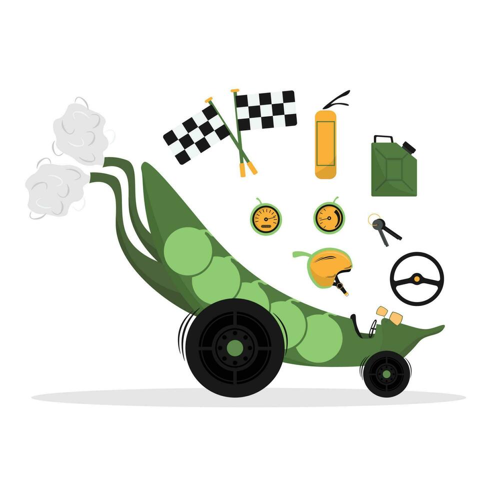 Cartoon pea car on wheels. Pea truck with racing car accessories. Vector flat illustration