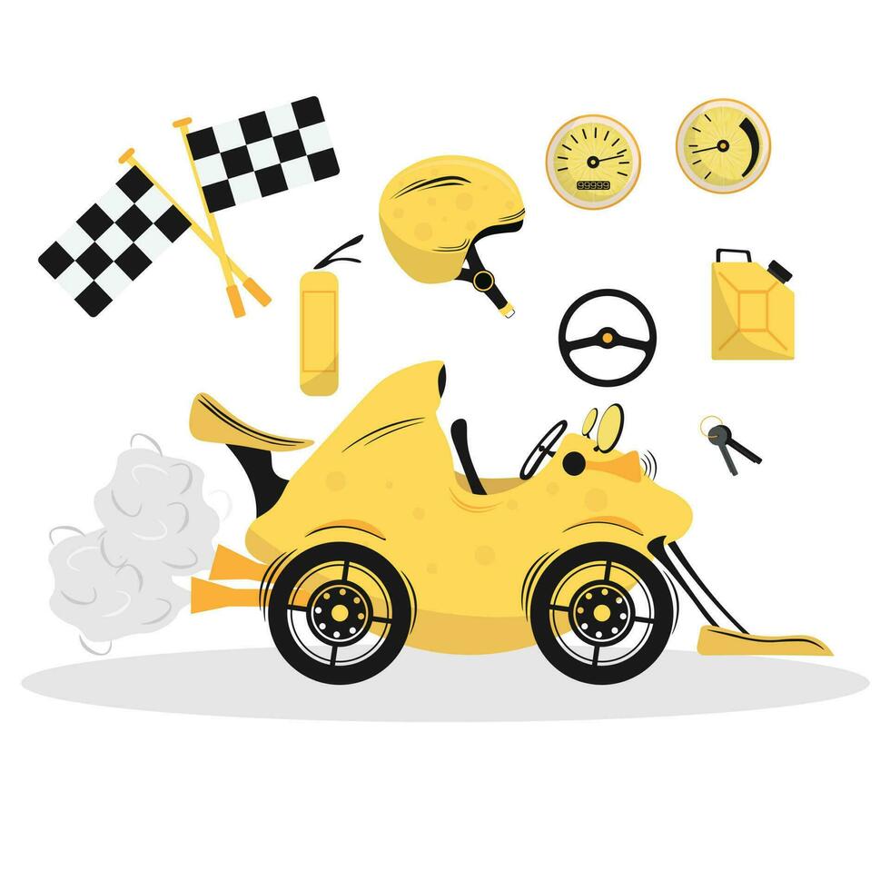 Cartoon lemon car on wheels. Citrus truck with racing car accessories. Vector flat illustration