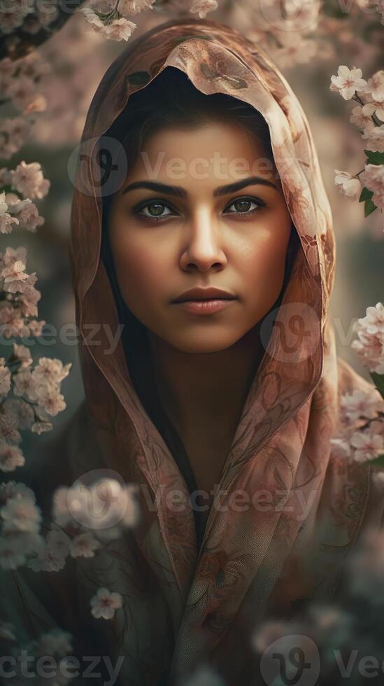 A Gorgeous Indian Woman Wearing Hijab Headscarves on Floral Background, . photo