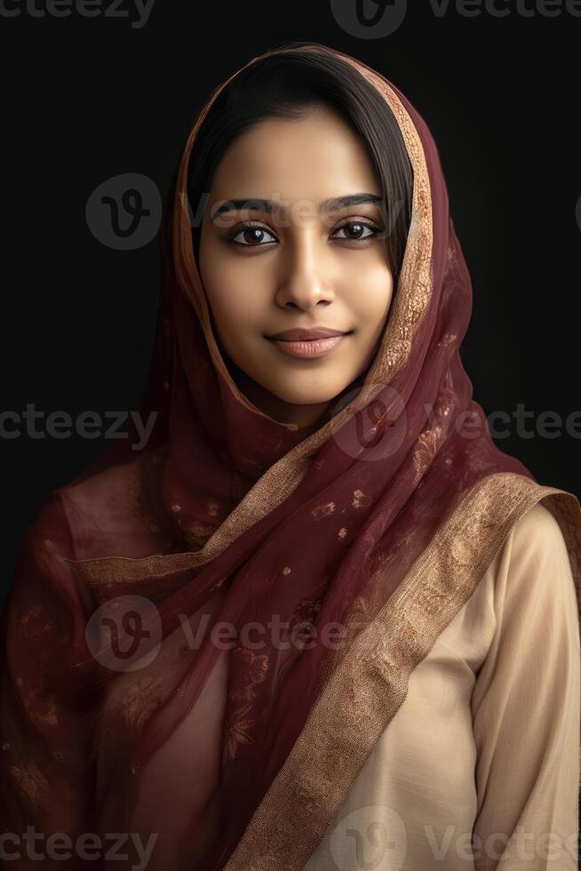 hermosa indio musulmán joven niña vistiendo pañuelos en la cabeza hijab en oscuro fondo, generativo ai. foto