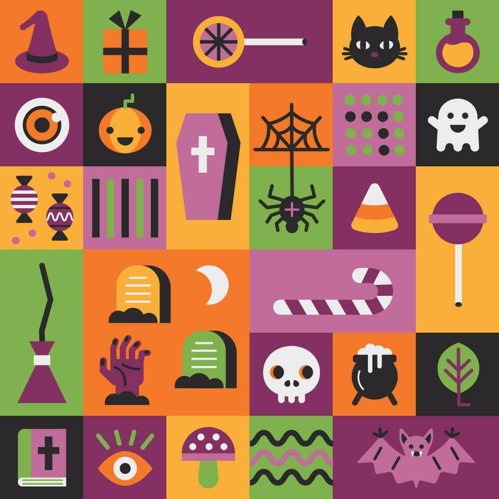 Halloween elements flat set. Vector  collection with pumpkin, spider, cat, skull, candy, ghost. Seamless pattern.