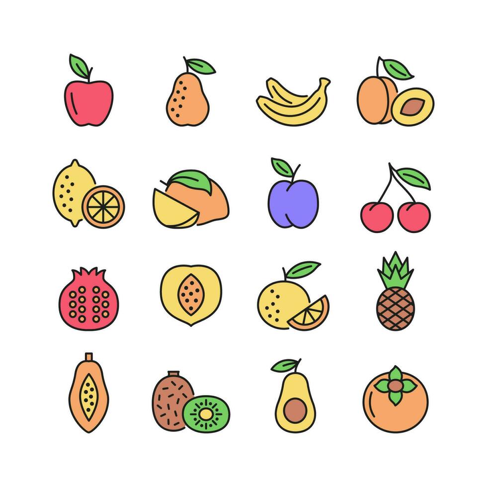 Fruta vector línea icono colocar. plano símbolo de manzana, pera, banana, piña, limón, naranja, cereza. vector color ilustración.