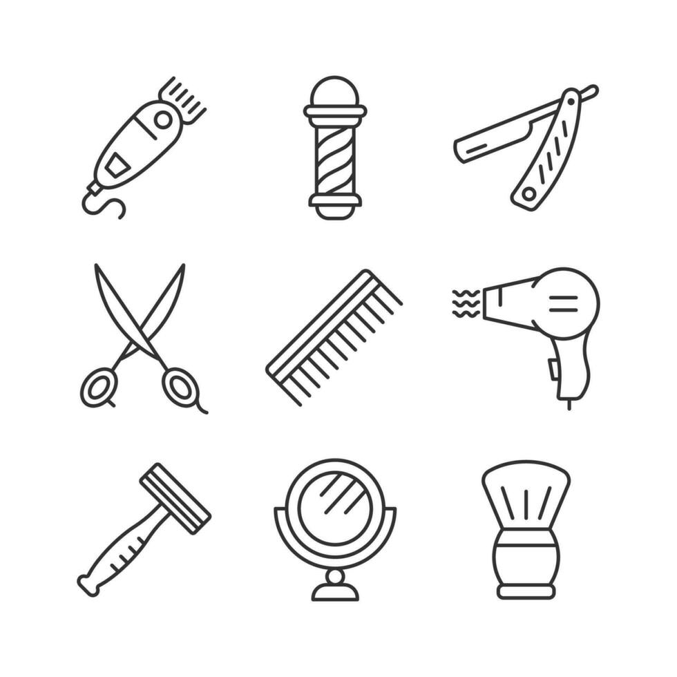 Barbershop line icon set. Equipment for shaving and haircut. Scissors, razor, hairbrush, mirror, flat sign. vector