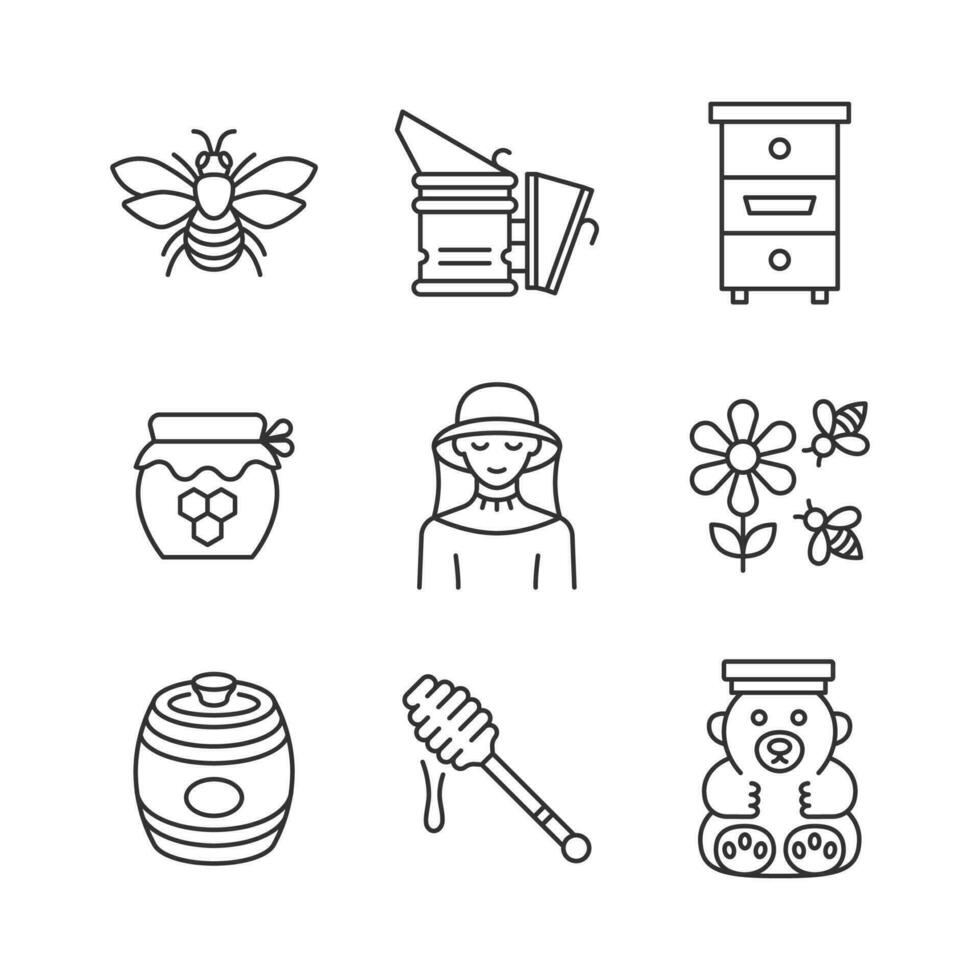 Beekeeping line icon set. Collection symbol with bee, hive, honey, beekeeper,equipment, apiary. vector