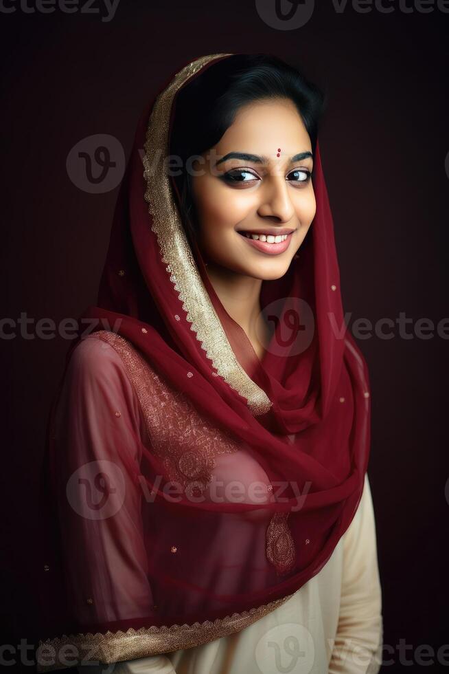 Beautiful Indian Muslim Young Girl Wearing Headscarves on Dark Background, . photo