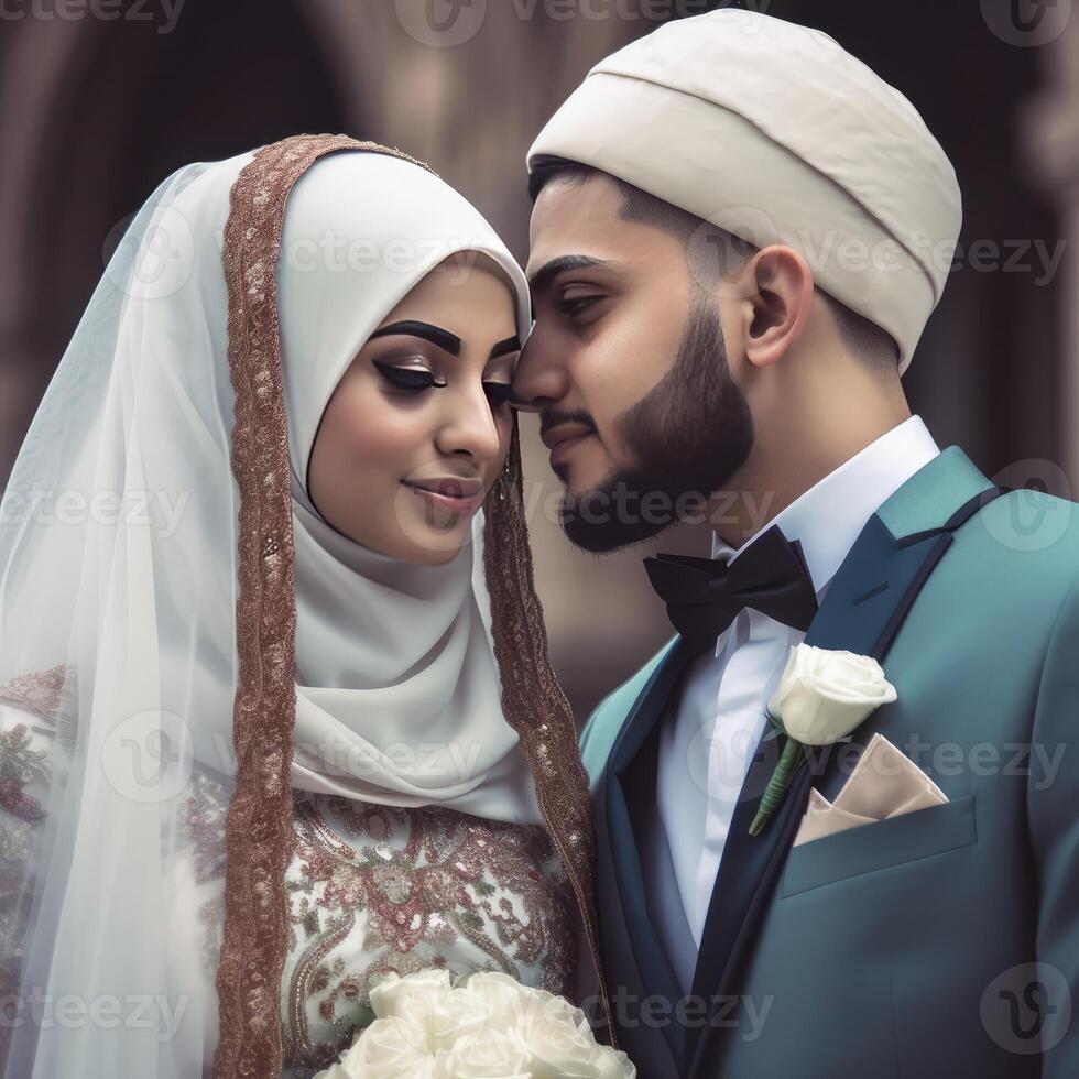 Portrait of Muslim Wedding Couple Wearing Traditional Attire During The Marriage Ceremony, . photo