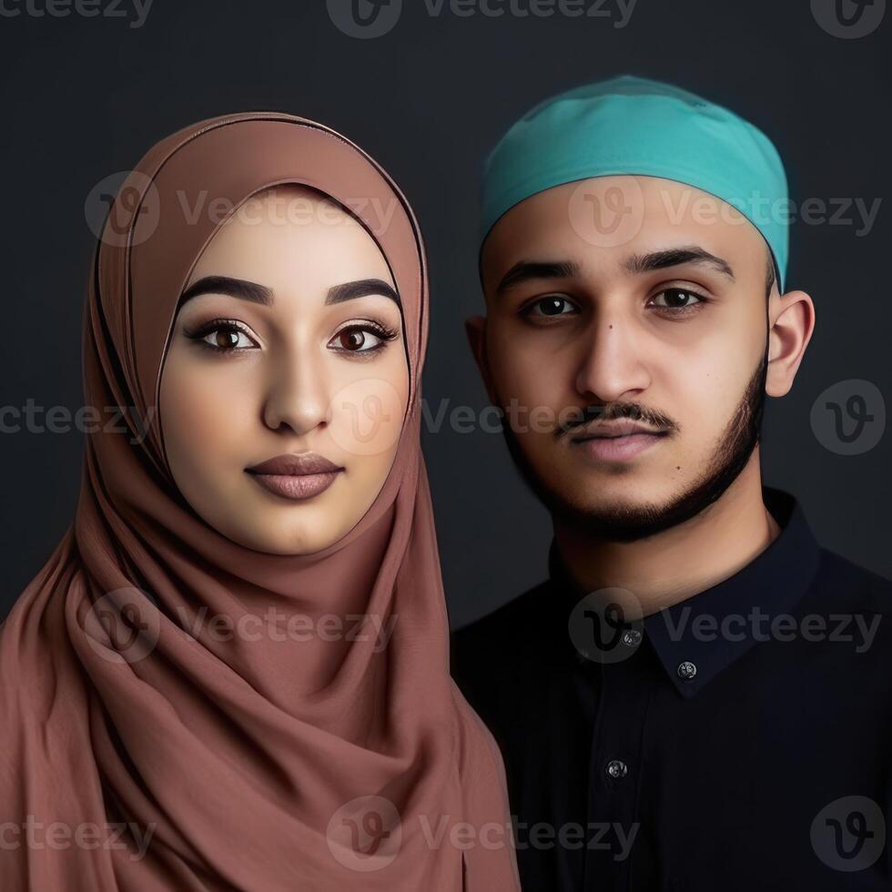 realista retrato de joven musulmán Inglés Pareja juntos, real imagen, generativo ai. foto