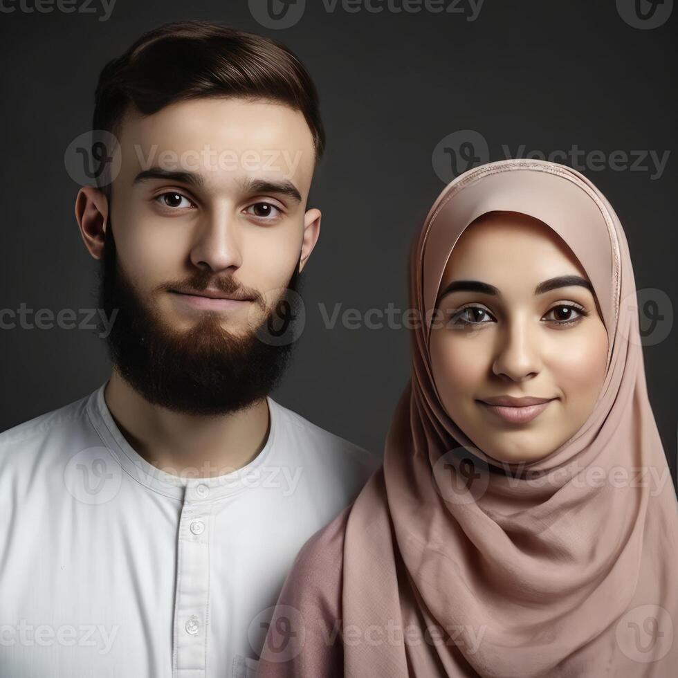 realista retrato de joven musulmán Inglés Pareja juntos, real imagen, generativo ai. foto