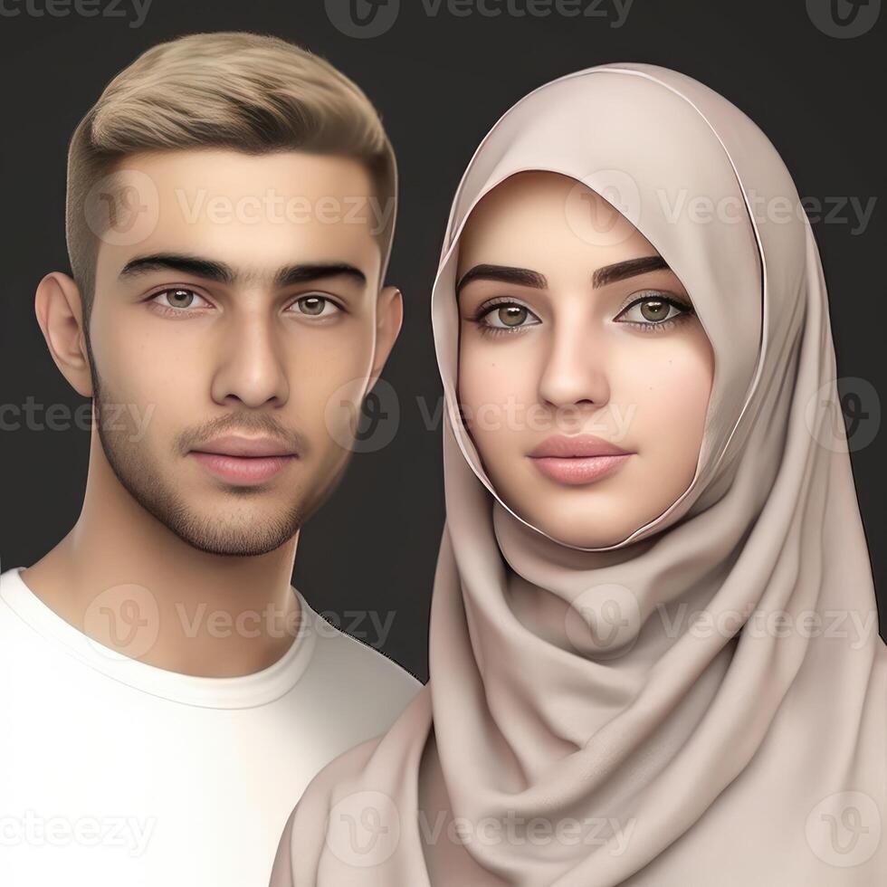Realistic Portrait of Young Muslim Blonde Couple Together, Actual Image, . photo