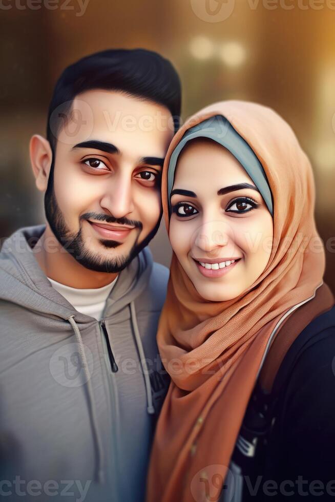 realista retrato de sonriente joven musulmán pareja, real imagen, generativo ai. foto