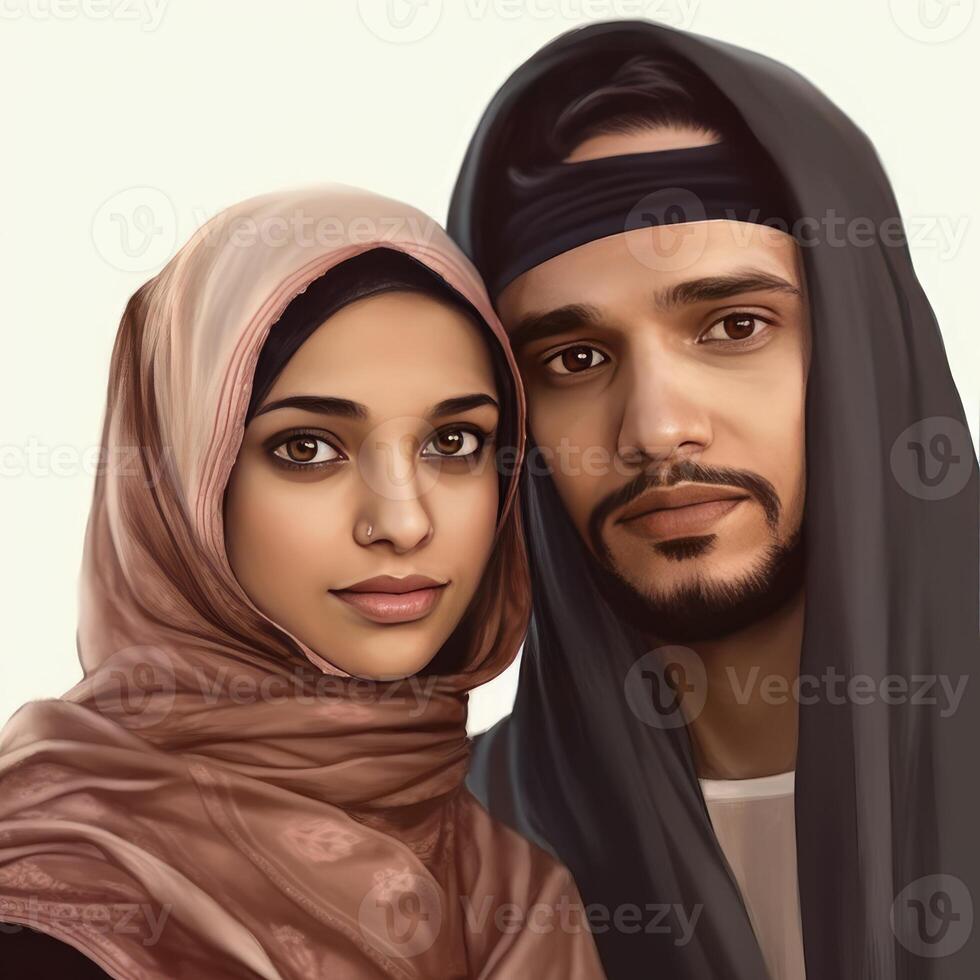 Realistic Portrait of Young Muslim Indian Couple Wearing Traditional Attire, . photo