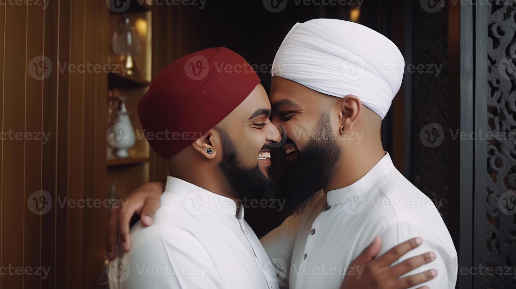 Happy Two Muslim Men Wearing Skull Cap And Traditional Kurta In Hugging Pose at the Room. Illustration. photo