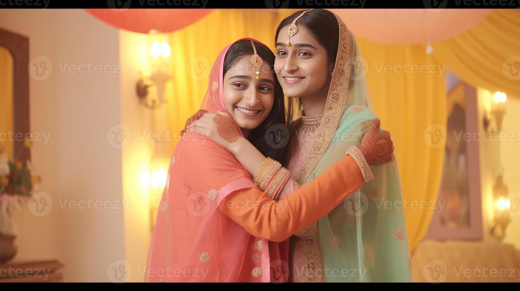 Two Muslim Women Wearing Traditional Lehenga And Chunni In Hugging Pose at The Room. photo