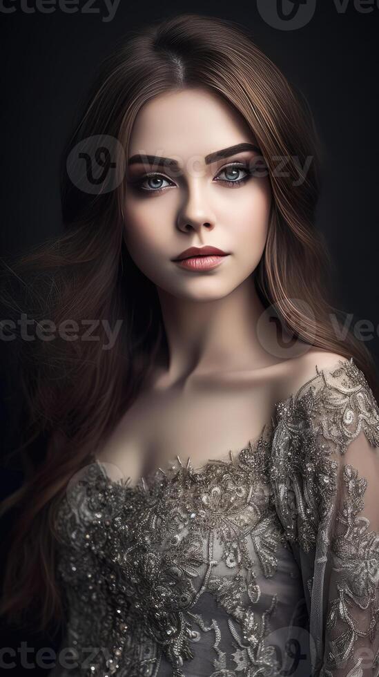 Very Attractive Young Woman Wearing Deep Neck Glittering Grey Suit. Illustration. photo
