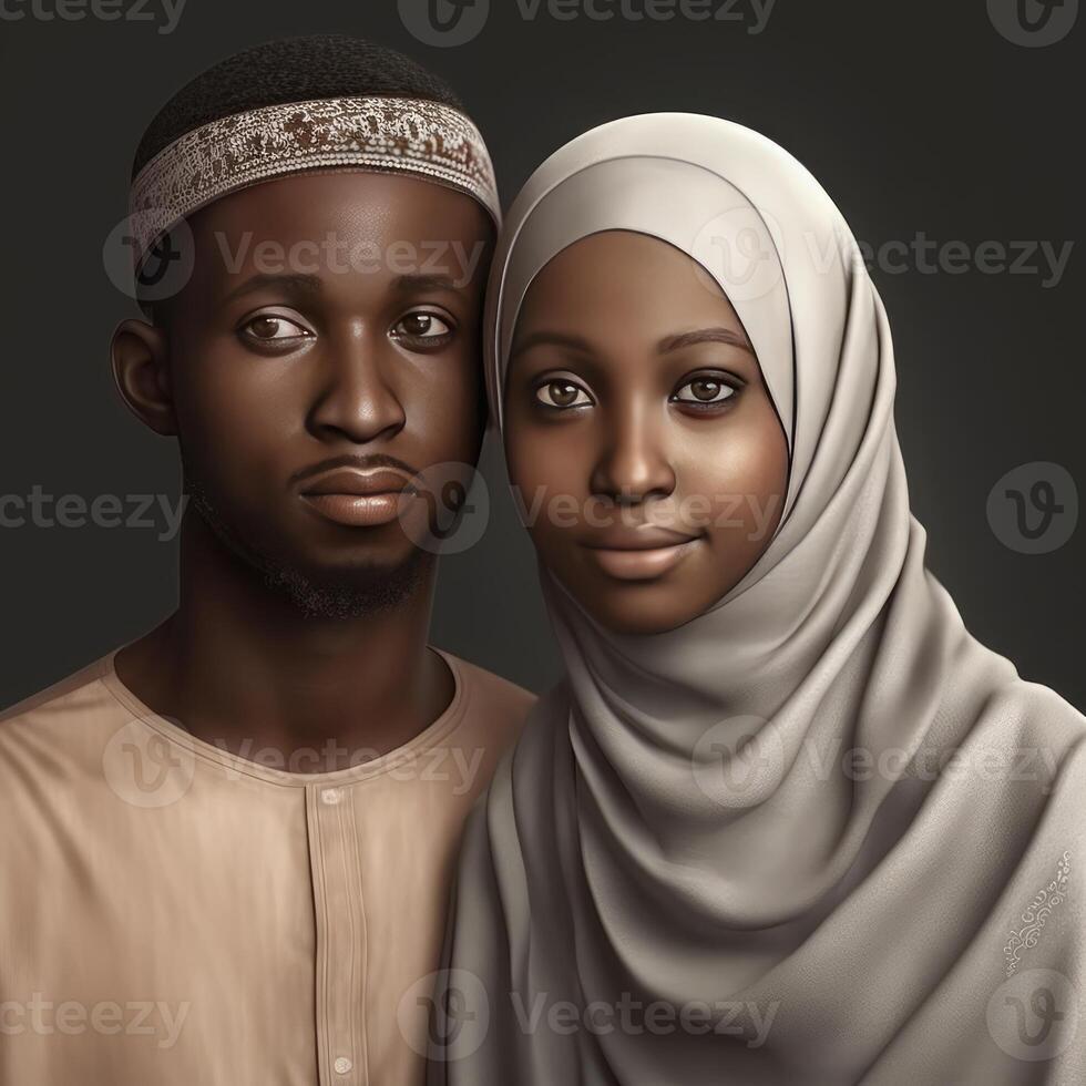 Realistic Portrait of Young Muslim African Couple Wearing Traditional Attire, . photo