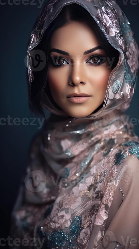 Realistic View of Very Attractive Young Islamic Woman Wearing Hijab. Illustration. photo