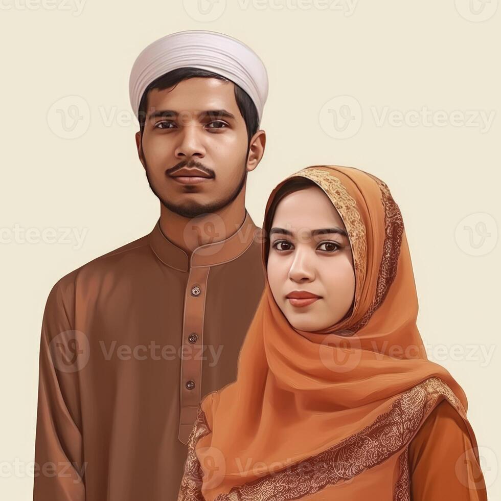 Realistic Portrait of Young Muslim Indian Couple Wearing Traditional Attire, . photo