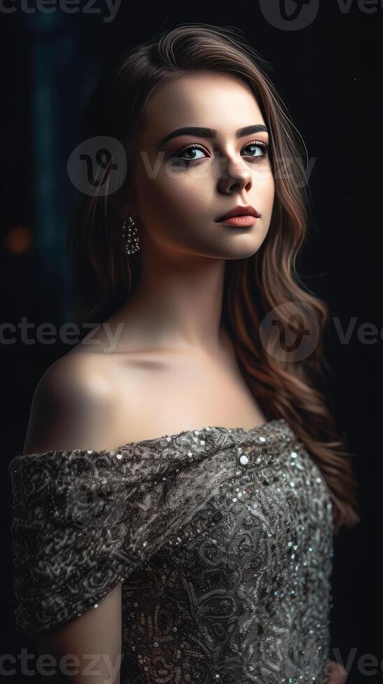 muy atractivo joven mujer vistiendo profundo cuello reluciente gris traje en difuminar bokeh antecedentes. generativo ai ilustración. foto