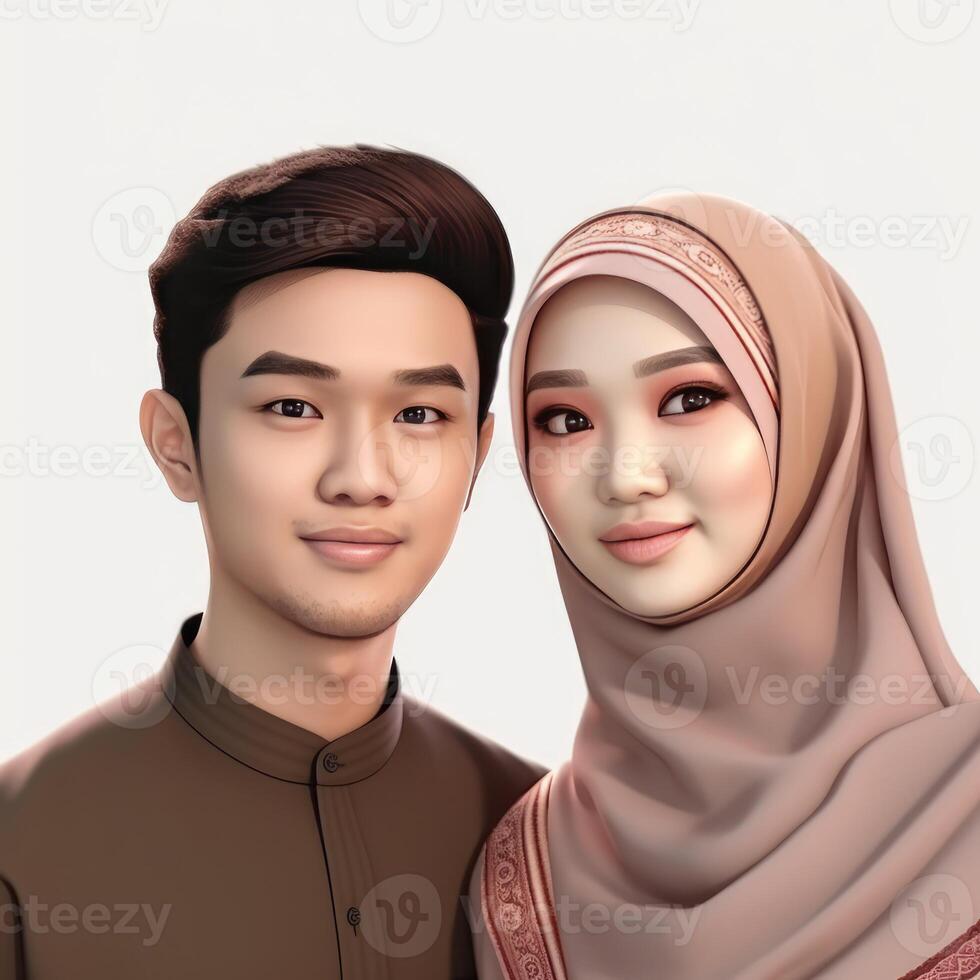 Realistic Portrait of Young Muslim Asian Couple Wearing Traditional Attire, . photo
