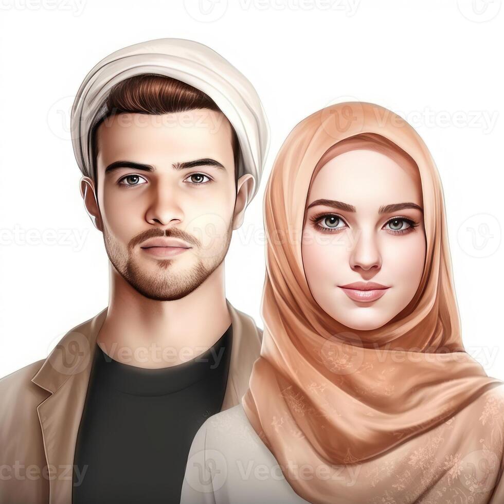 Realistic Portrait of Young Muslim Blonde Couple Together, Actual Image, . photo