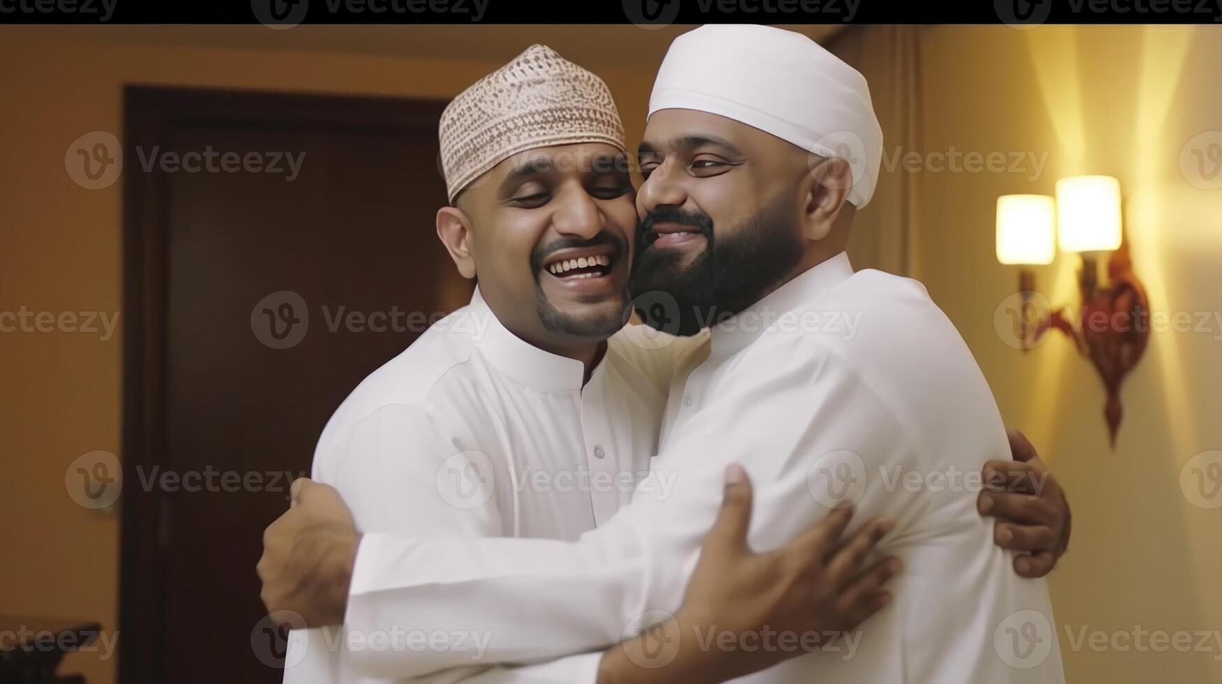 Happy Two Muslim Men Wearing Skull Cap And Traditional Kurta In Hugging Pose at the Room. Illustration. photo