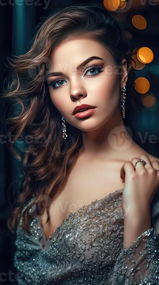 Very Attractive Young Woman Wearing Deep Neck Glittering Grey Suit on Blur Bokeh Background. Illustration. photo