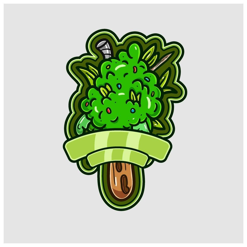 Cartoon Mascot of Weed Bud Ice Cream Stick Logo With Blank Space. vector