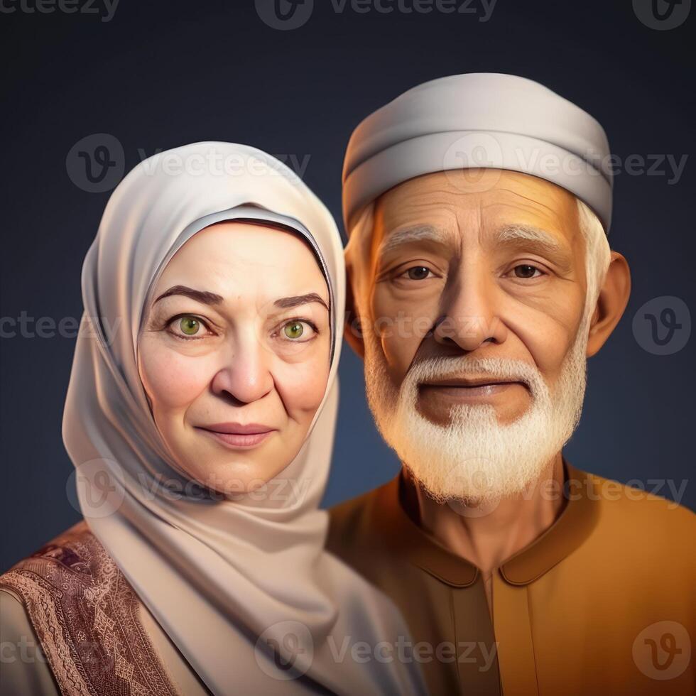 Realistic Portrait of Old Muslim Blonde Couple Wearing Traditional Attire, . photo