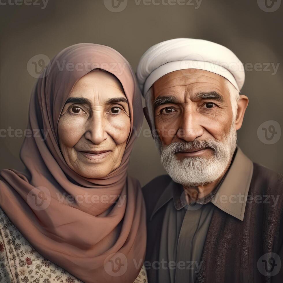 Realistic Portrait of Old Muslim Blonde Couple Wearing Traditional Attire, . photo