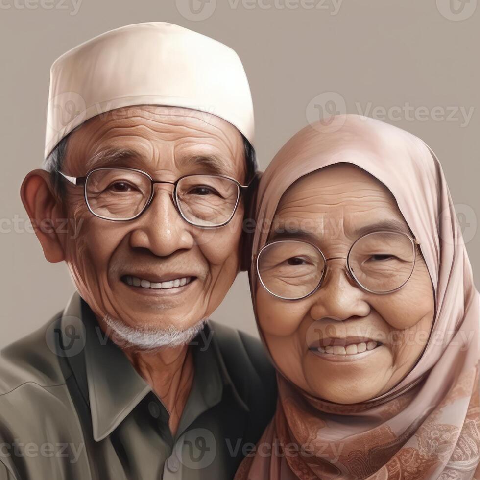 Realistic Portrait of Muslim Asian Old Couple Wearing Traditional Attire, . photo