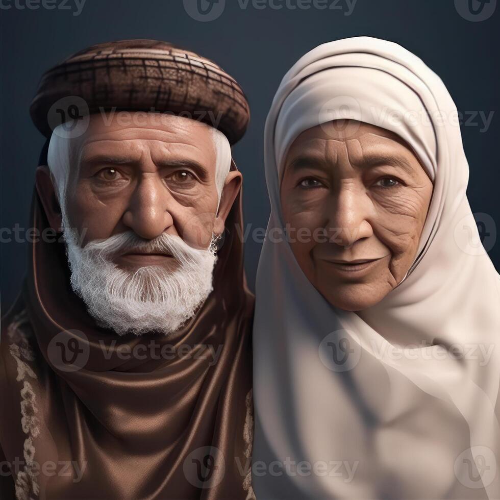 Realistic Portrait of Arab Old Couple Wearing Traditional Attire, . photo
