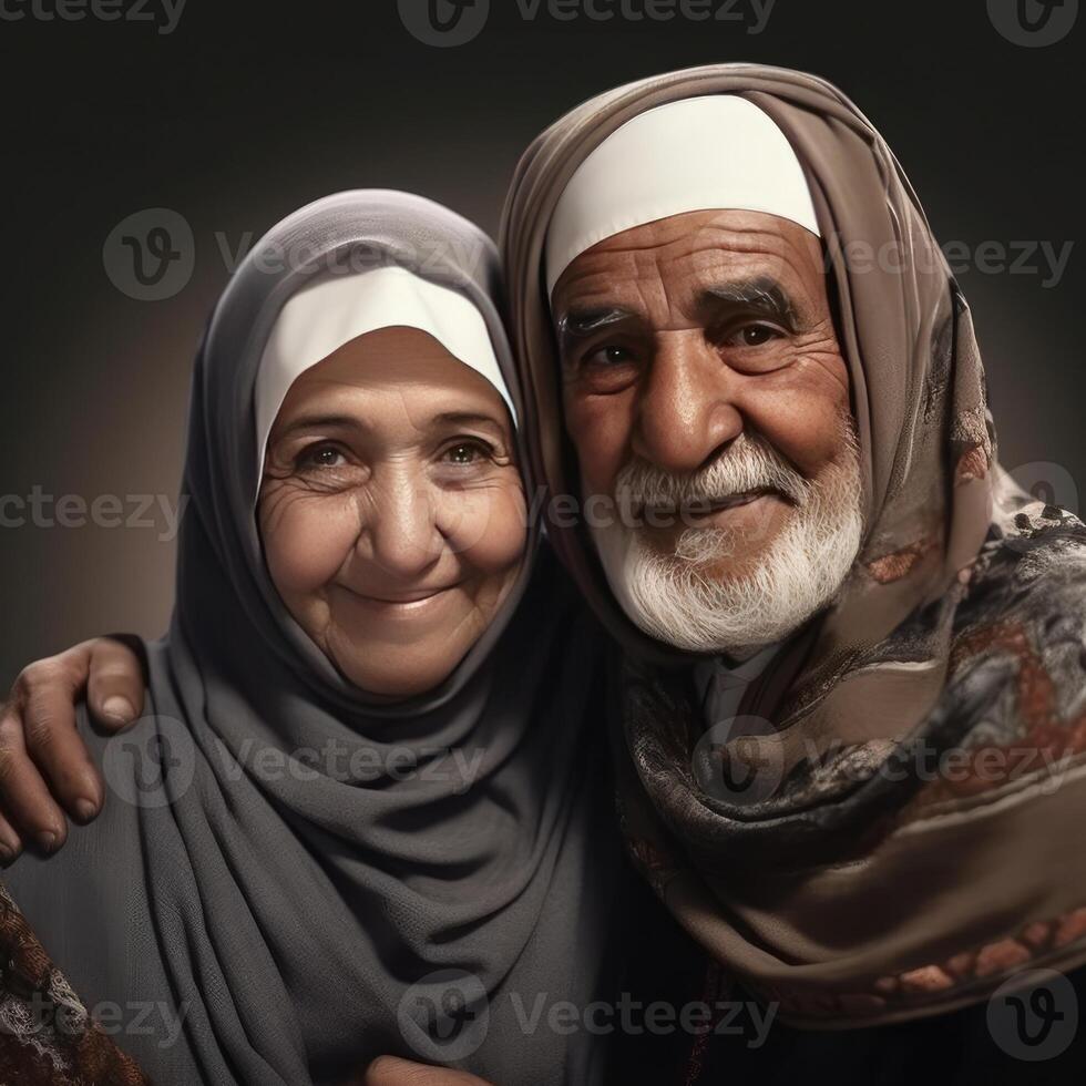 Realistic Portrait of Arab Old Couple Wearing Traditional Attire, . photo