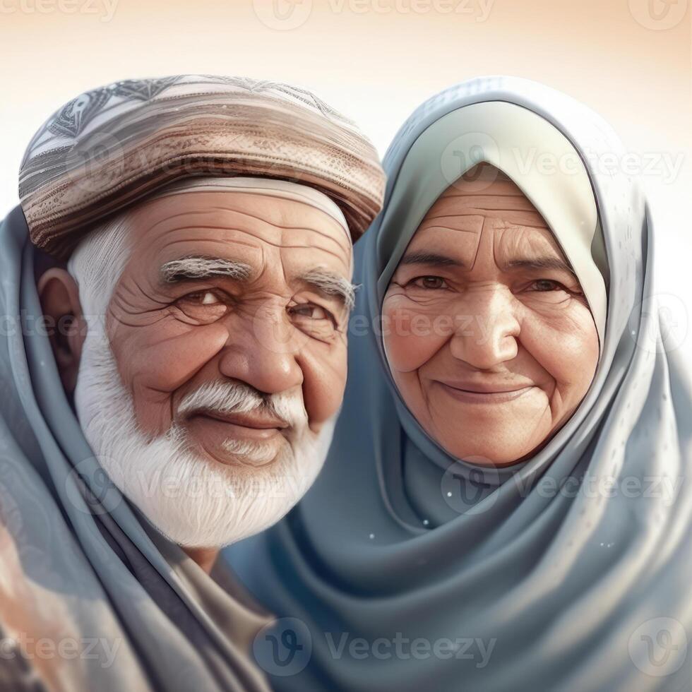 Realistic Portrait of Arab Old Couple Wearing Traditional Attire, . photo