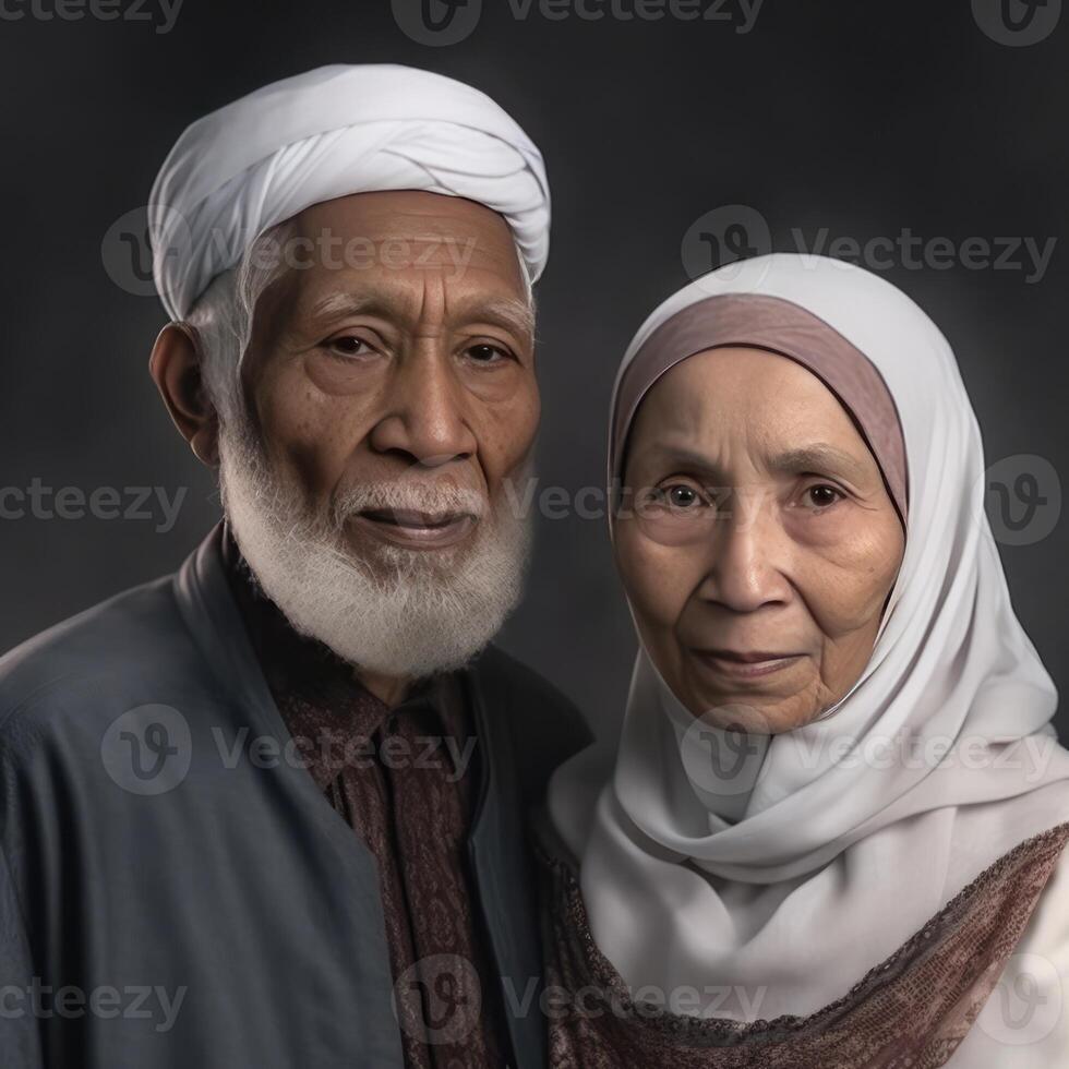 Realistic Portrait of Old Muslim Blonde Couple Wearing Traditional Attire, . photo