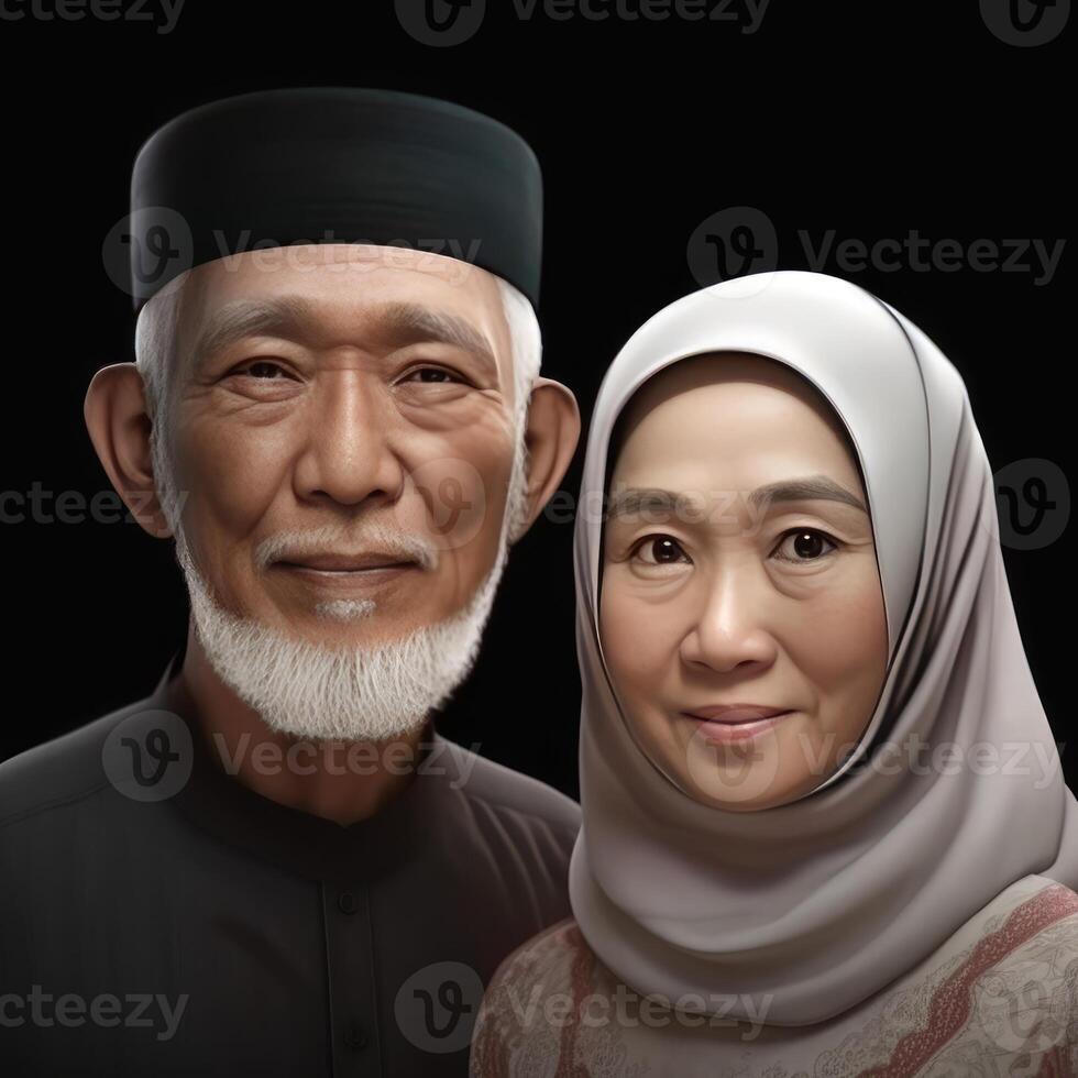 Realistic Portrait of Muslim Asian Old Couple Wearing Traditional Attire, . photo