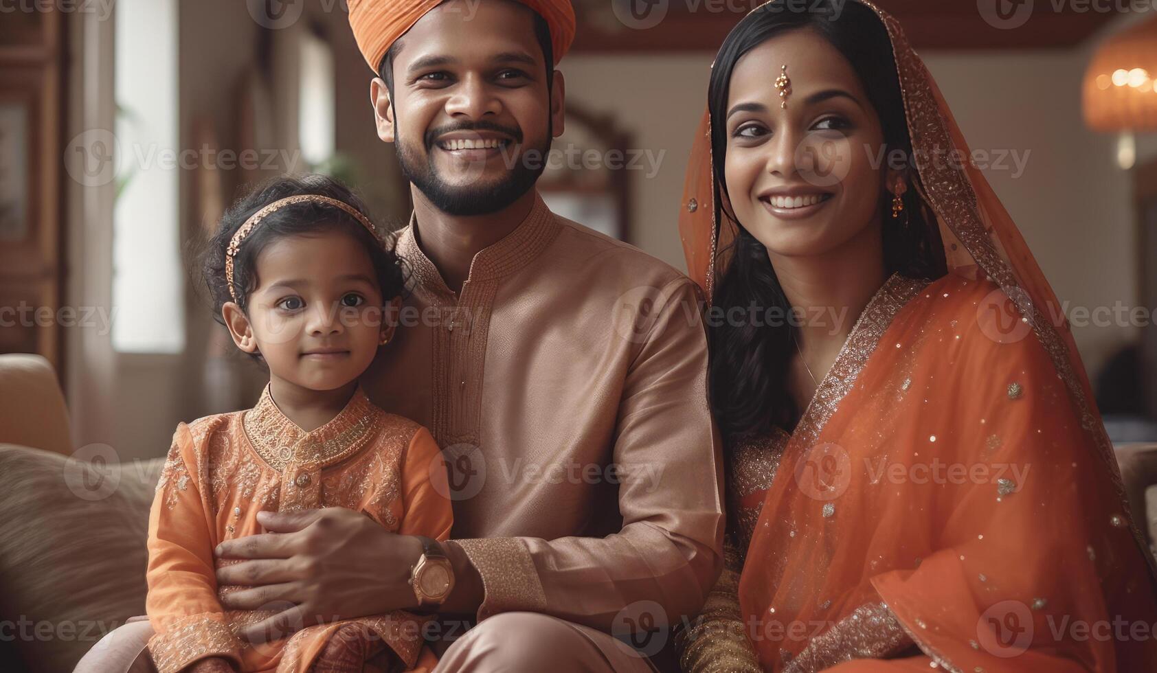 Realistic Portrait of Cheerful Muslim Family Wearing Traditional Attire During Eid Celebration, . photo