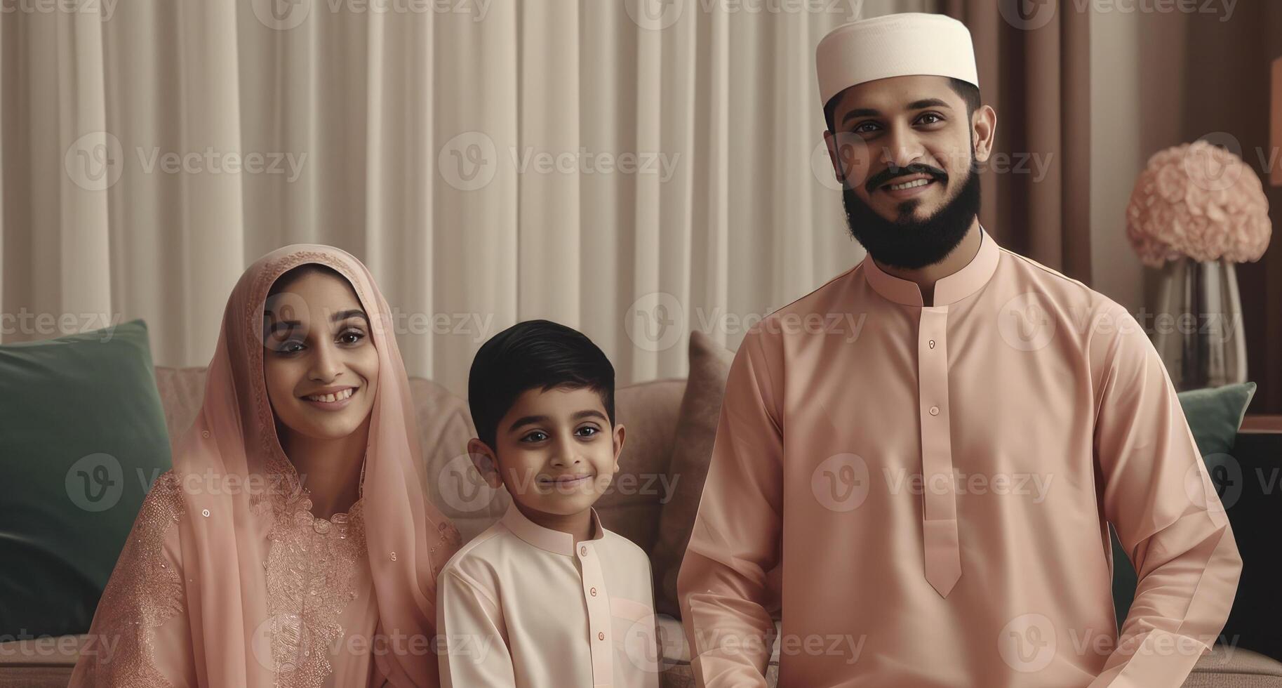 Happy Muslim Family Character Wearing Traditional Attire During Eid Celebration, . photo