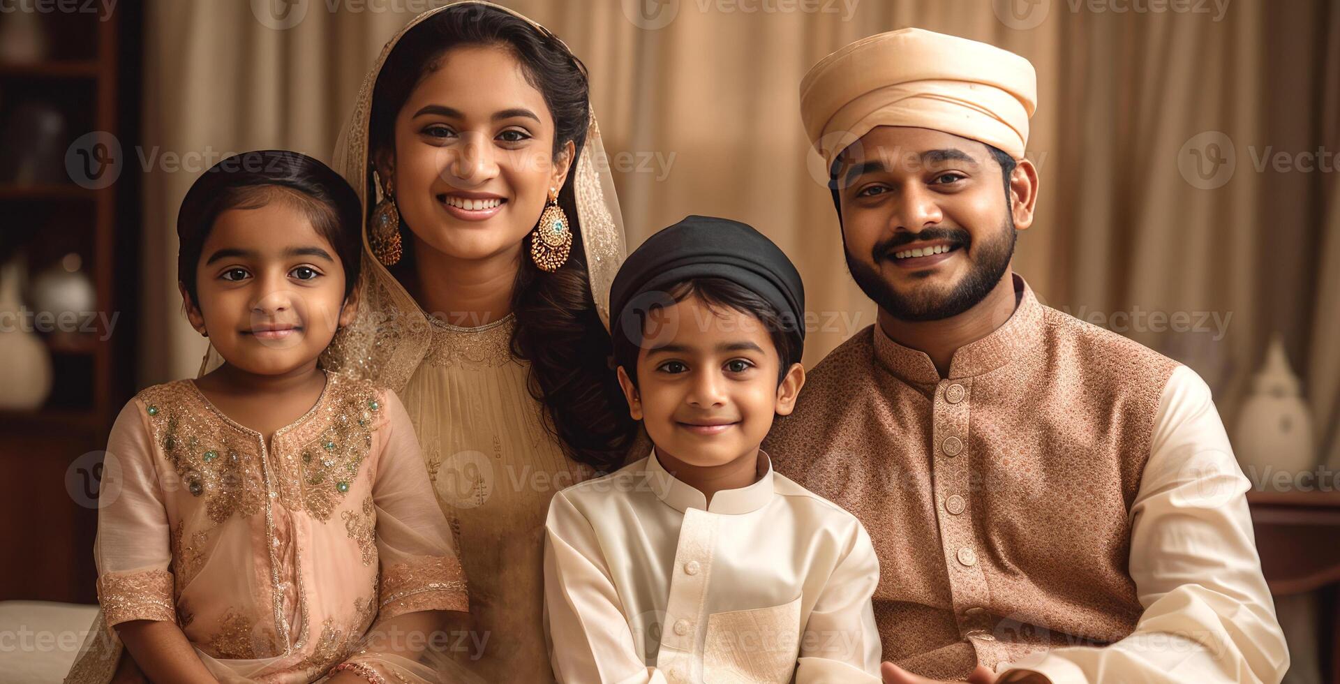 Happy Muslim Family Character Wearing Traditional Attire, Eid Celebration Concept, . photo