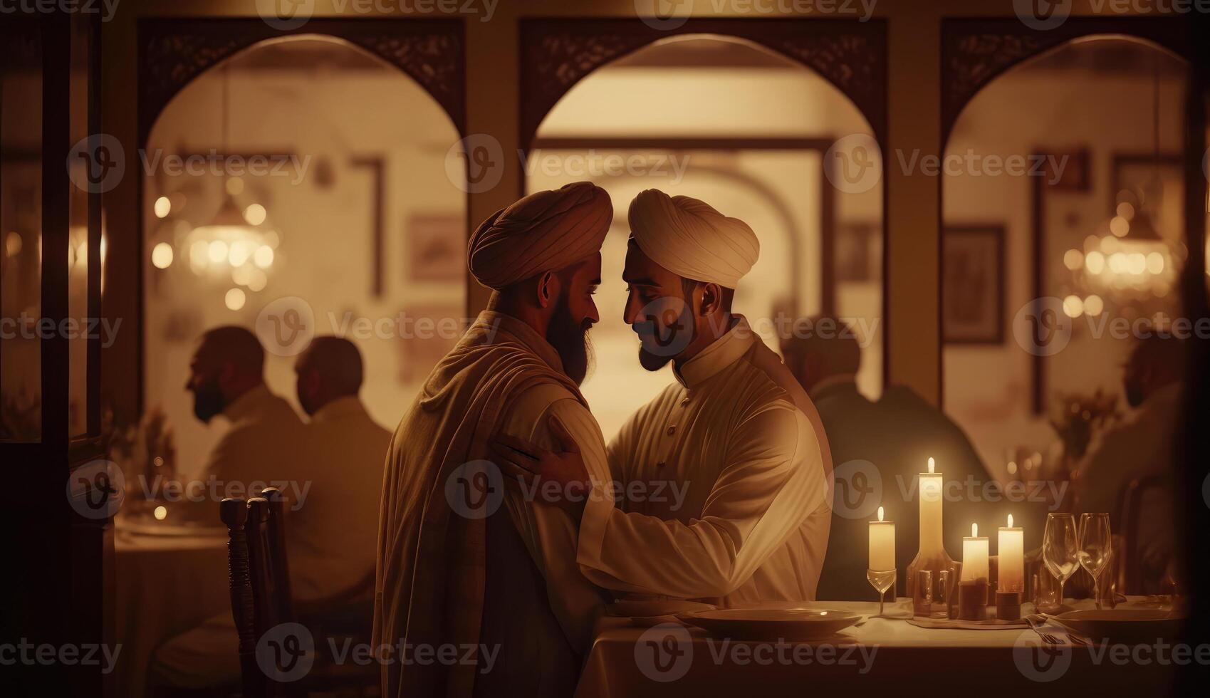 Realistic Portrait of Arabian Men Hugging and Wishing Each Other In Sitting Pose During Eid Celebration. . photo
