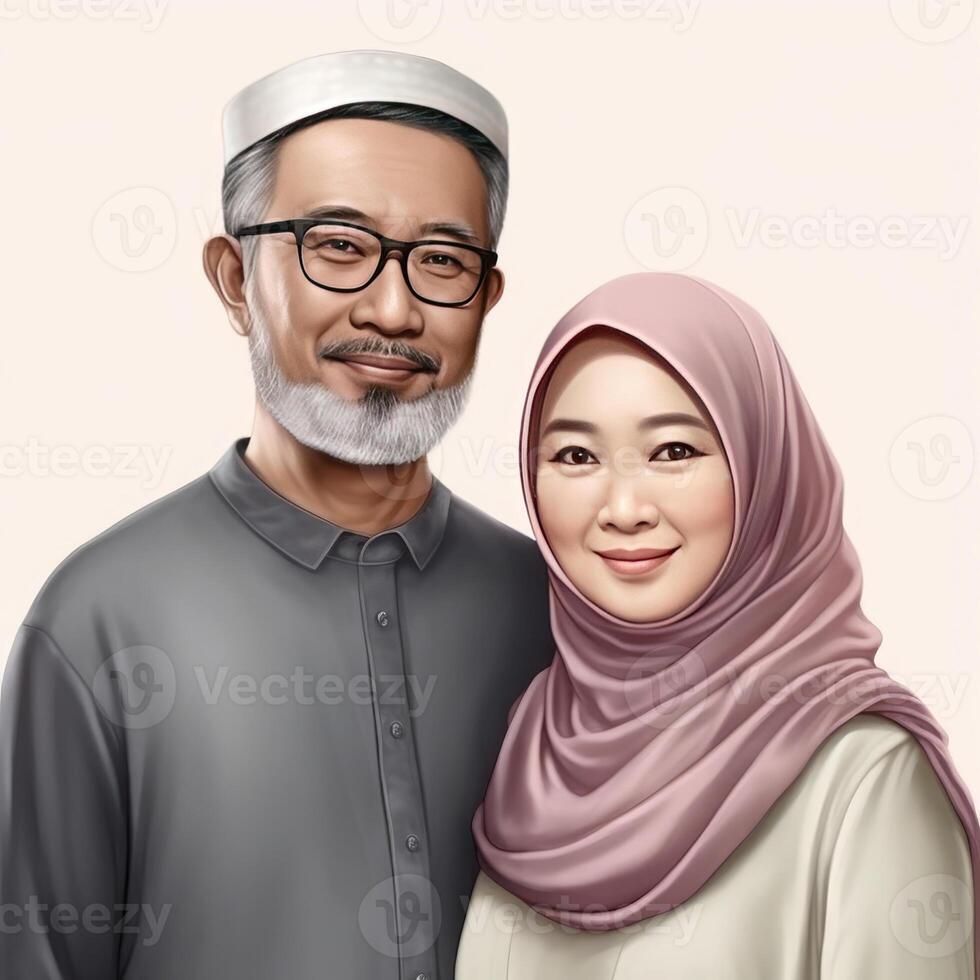 Realistic Portrait of Mid Age Muslim Asian Couple Wearing Traditional Attire, . photo