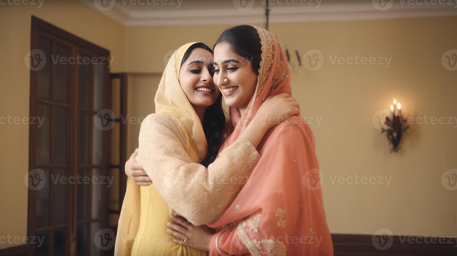 Beautiful Muslim Women Character Hugging and Wishing Each Other, Eid Celebration Concept, . photo